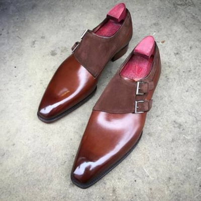 Handmade Men Brown Suede Leather Monk Strap Dress Shoes