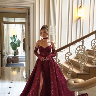 Elegant burgundy sequins long slit evening dress with gloves