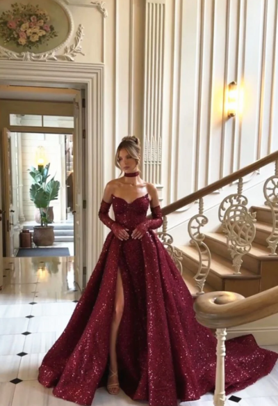 Elegant Burgundy Sequins Long Slit Evening Dress with Gloves