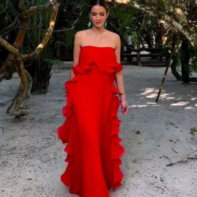 A line red ruffled ball gown prom dresses