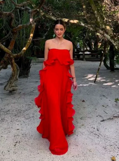 A Line Red Ruffled Ball Gown Prom Dresses