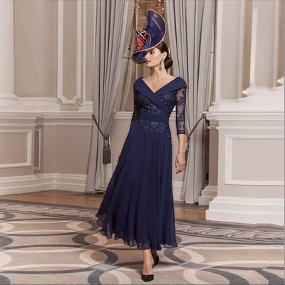 Elegant dark navy mother of the bride dresses a line chiffon lace appliqued v neck women formal party gowns 3/4 long sleeves ankle length