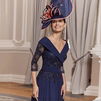 Elegant Dark Navy Mother Of The Bride Dresses A Line Chiffon Lace Appliqued V Neck Women Formal Party Gowns 3/4 Long Sleeves Ankle Length - Thumbnail 1