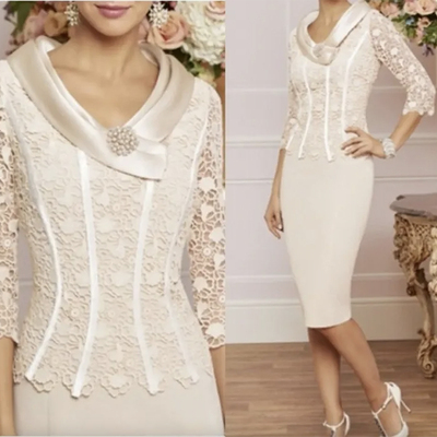 Mother of the bride dress plus size elegant vintage jewel knee length satin lace groom party gowns