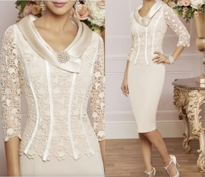 Mother of the Bride Dress Plus Size Elegant Vintage Jewel Knee Length Satin Lace Groom Party Gowns