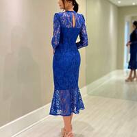 Elegant Royal blue lace Mother Of The Bride Dresses jewel long sleeves Wedding Guest Dress tea length mermaid Evening Gowns - Thumbnail 1