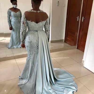 Mermaid mother of bride dresses lace beaded evening party vintage satin full sleeves birthday wedding guest groom mothers gowns