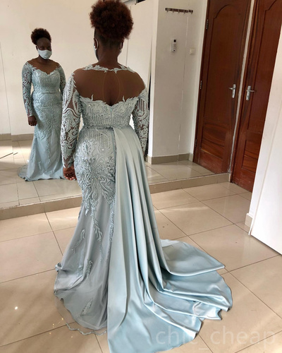 Mermaid Mother of Bride Dresses Lace Beaded Evening Party Vintage Satin Full Sleeves Birthday Wedding Guest Groom Mothers Gowns