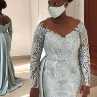 Mermaid Mother of Bride Dresses Lace Beaded Evening Party Vintage Satin Full Sleeves Birthday Wedding Guest Groom Mothers Gowns - Thumbnail 1