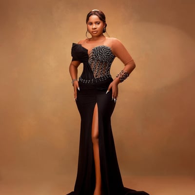 Prom dresses mermaid for black women long sleeves elegant evening dress illusion beaded side split birthday party dress