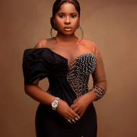 Prom Dresses Mermaid for Black Women Long Sleeves Elegant Evening Dress Illusion Beaded Side Split Birthday Party Dress - Thumbnail 1