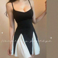 Sexy contrast color stitching halter back dress - Thumbnail 2
