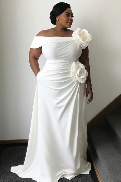 Plus Size Wedding Dress, 3D Handmade Flower African Girl Wedding Dress Bridal Gown