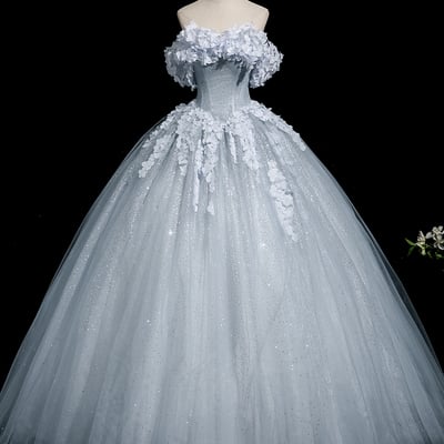 Gray blue tulle flowers long prom dress, beautiful a-line party dress - Thumbnail 1