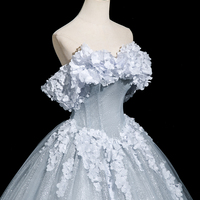 Gray Blue Tulle Flowers Long Prom Dress, Beautiful A-Line Party Dress - Thumbnail 1