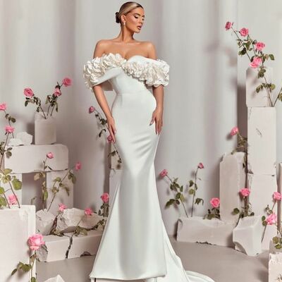 Simple off the shoulder wedding dress, 3d handmade flowers wedding dress bridal gown