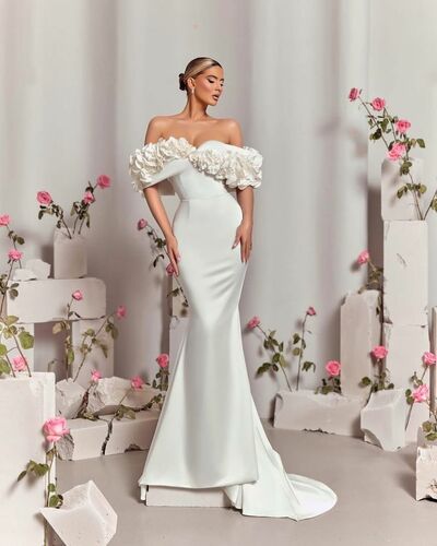 Simple Off the Shoulder Wedding Dress, 3D Handmade Flowers Wedding Dress Bridal Gown