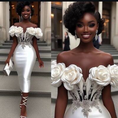 Simple wedding dress,  african girl 3d handmade flowers tea-length wedding dress bridal gown