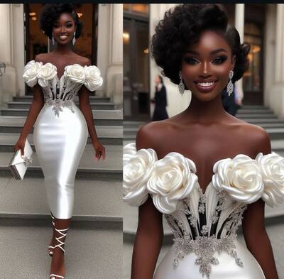 Simple Wedding Dress,  African Girl 3D Handmade Flowers Tea-length Wedding Dress Bridal Gown