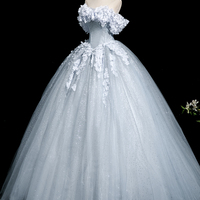 Gray Blue Tulle Flowers Long Prom Dress, Beautiful A-Line Party Dress - Thumbnail 2