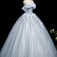 Gray Blue Tulle Flowers Long Prom Dress, Beautiful A-Line Party Dress - Thumbnail 3