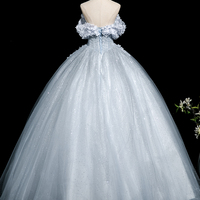 Gray Blue Tulle Flowers Long Prom Dress, Beautiful A-Line Party Dress - Thumbnail 4