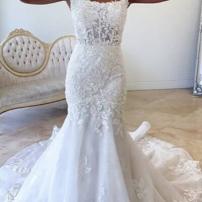 Elegant mermaid wedding dress, lace appliques african girls wedding dress bridal gown