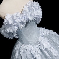 Gray Blue Tulle Flowers Long Prom Dress, Beautiful A-Line Party Dress - Thumbnail 5