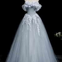 Gray Blue Tulle Flowers Long Prom Dress, Beautiful A-Line Party Dress - Thumbnail 6