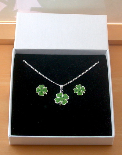 BOXED GIFT SET/Four Leaf Clover Necklace and Earrings/Four Leaf Clover Necklace/Four Leaf Clover Earrings/Four Leaf Clover Jewellery/UK
