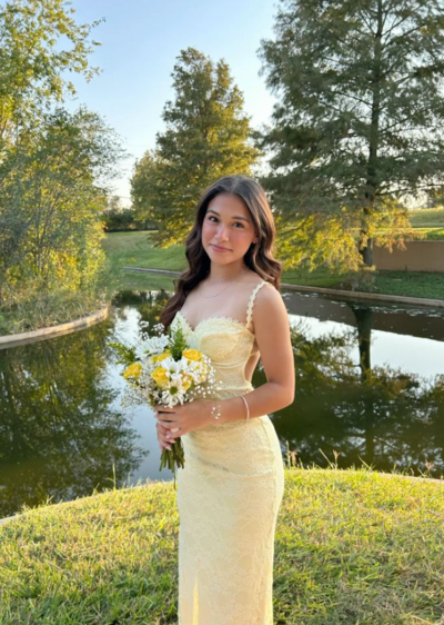 Elegant Pastel Yellow Lace Prom Dress,Long Evening Dress 