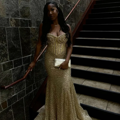 Sweetheart mermaid gold sequin long prom dresses