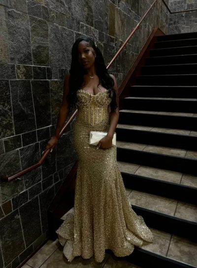 Sweetheart Mermaid Gold Sequin Long Prom Dresses