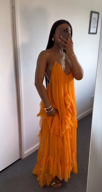 Sexy Orange Long Backless Evening Gowns