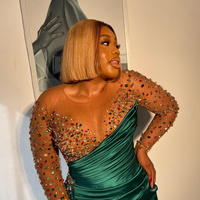 Green Evening Dress Prom Dress Mermaid Promdress Long Sleeves Sheer Neck Colorful Rhinestones Decorated Sexy Side Split Birthday Gowns - Thumbnail 1