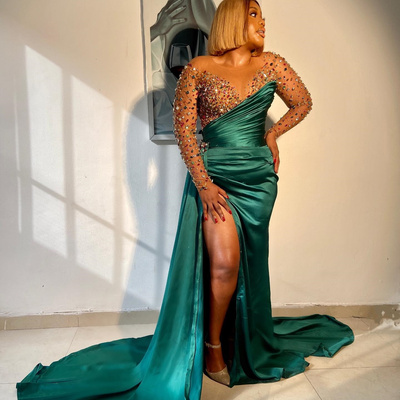 Green evening dress prom dress mermaid promdress long sleeves sheer neck colorful rhinestones decorated sexy side split birthday gowns