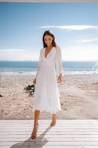 Simple Chiffon Long Sleeve Tea-length Beach Boho Wedding Dress Bridal Dress，1924
