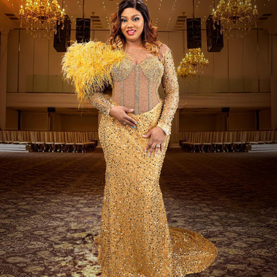 Gold prom dresses for special occasions feathered promdress for black women long sleeves sequined lace beaded luxury birthday
