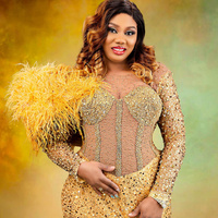 Gold Prom Dresses for Special Occasions Feathered Promdress for Black Women Long Sleeves Sequined Lace Beaded Luxury Birthday - Thumbnail 1