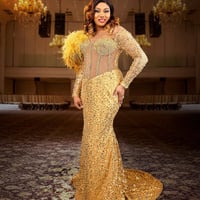 Gold Prom Dresses for Special Occasions Feathered Promdress for Black Women Long Sleeves Sequined Lace Beaded Luxury Birthday - Thumbnail 2