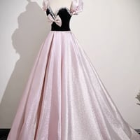 Black Velvet and Pink Satin Long Prom Dress, Lovely A-Line Party Dress - Thumbnail 1