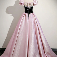 Black Velvet and Pink Satin Long Prom Dress, Lovely A-Line Party Dress - Thumbnail 2