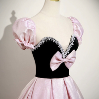 Black Velvet and Pink Satin Long Prom Dress, Lovely A-Line Party Dress - Thumbnail 3