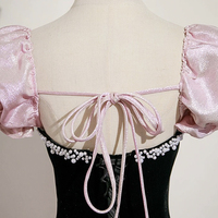 Black Velvet and Pink Satin Long Prom Dress, Lovely A-Line Party Dress - Thumbnail 5