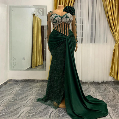 Prom dresses for afrcian women illusion promdress long sleeves beaded sequined lace rhinestones birthday dress 