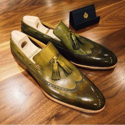 Handmade green leather tassel loafers for men premium dress shoes