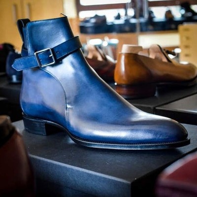 Handmade Men Blue Leather Jodhpur Strap Dress Boot