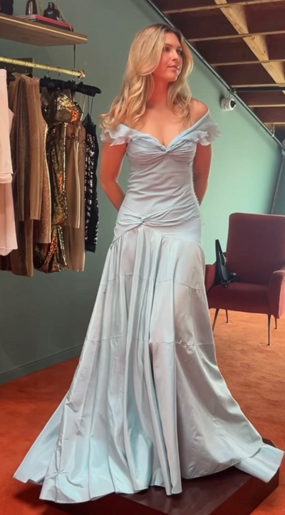 Simple Off Shoulder Long Blue Satin Prom Evening Dress