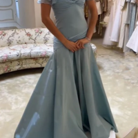 Simple Off Shoulder Long Blue Satin Prom Evening Dress - Thumbnail 1