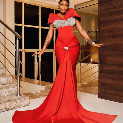 Red prom dresses for african women promdress beaded rhinestones decorated birthday party dress